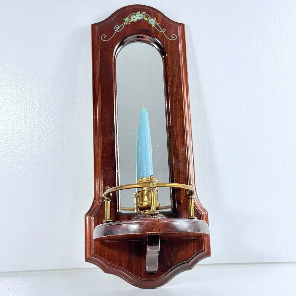 Vintage Cornwall Industries Wood Mirrored Wall Candle Sconce Brass Holder Floral